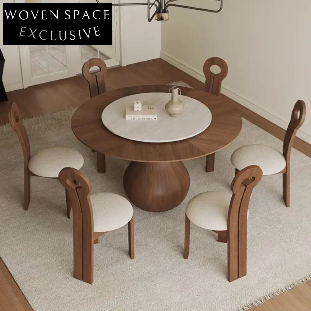 Elegant Wabi-Sabi Round Slate Top Ash Wood Dining Table
