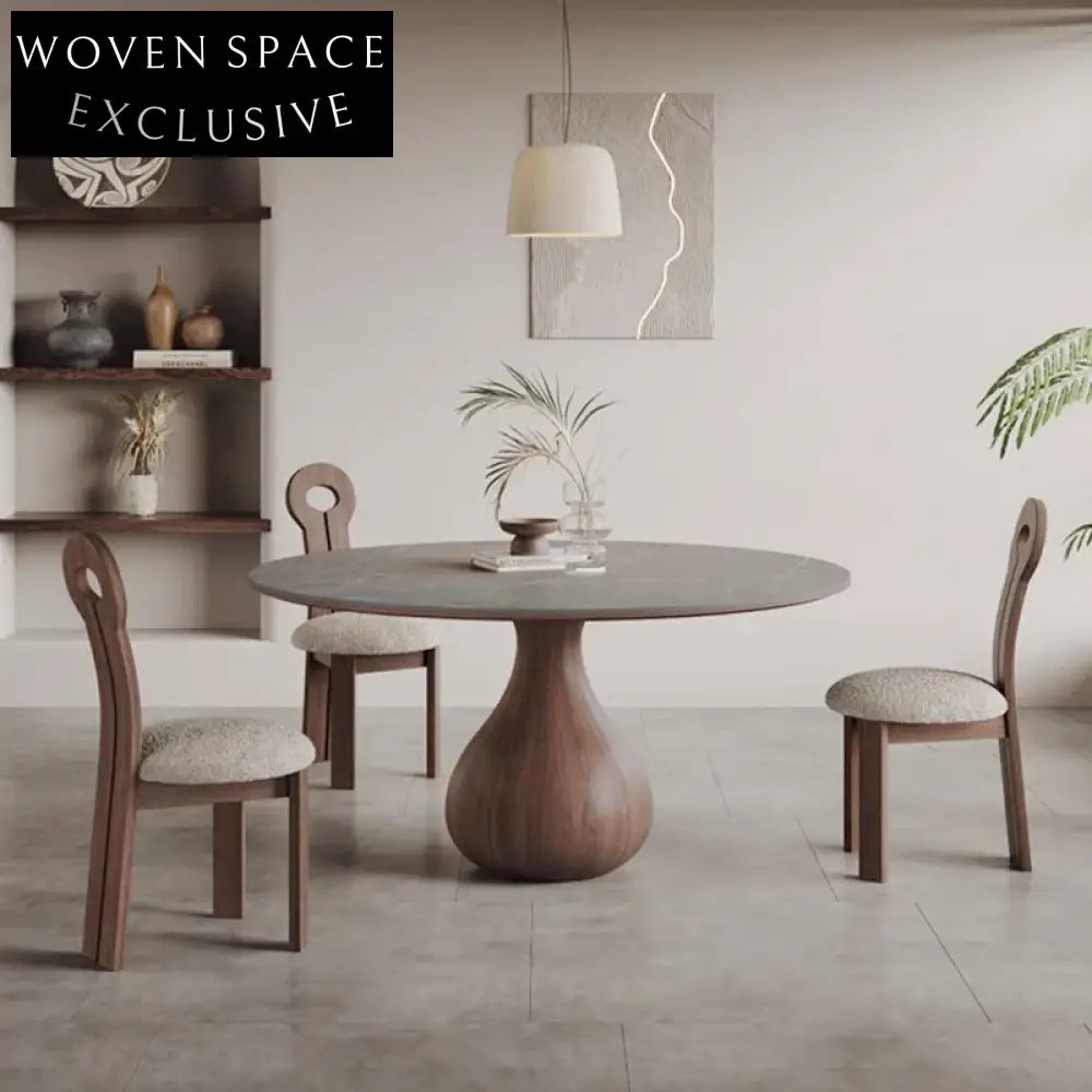 Elegant Wabi-Sabi Round Slate Top Ash Wood Dining Table
