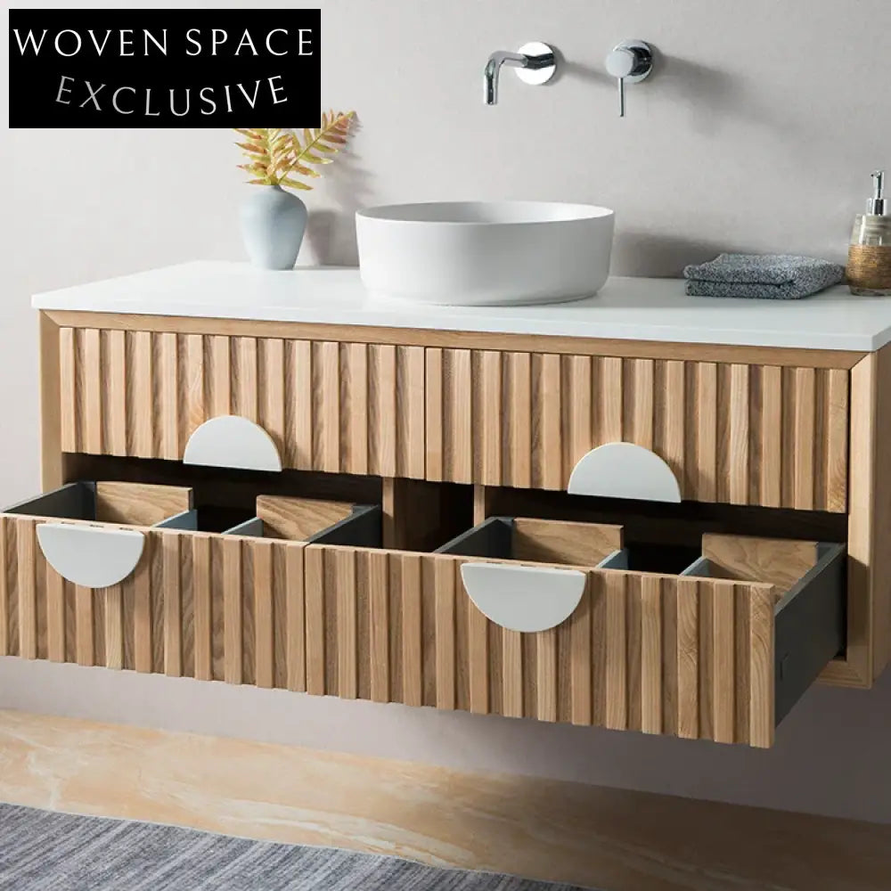 Elegant Wall Mounted Solid Wood Double Sink Marble Top Bathroom Vanity