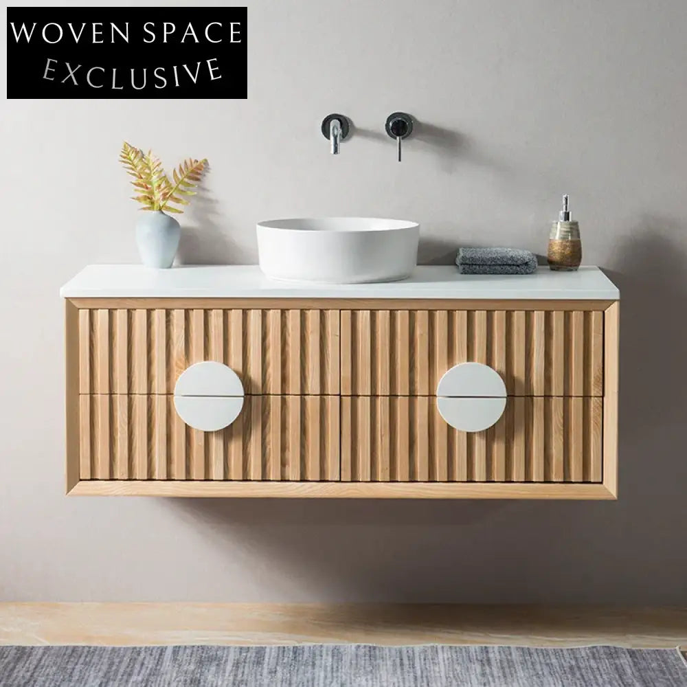 Elegant Wall Mounted Solid Wood Double Sink Marble Top Bathroom Vanity