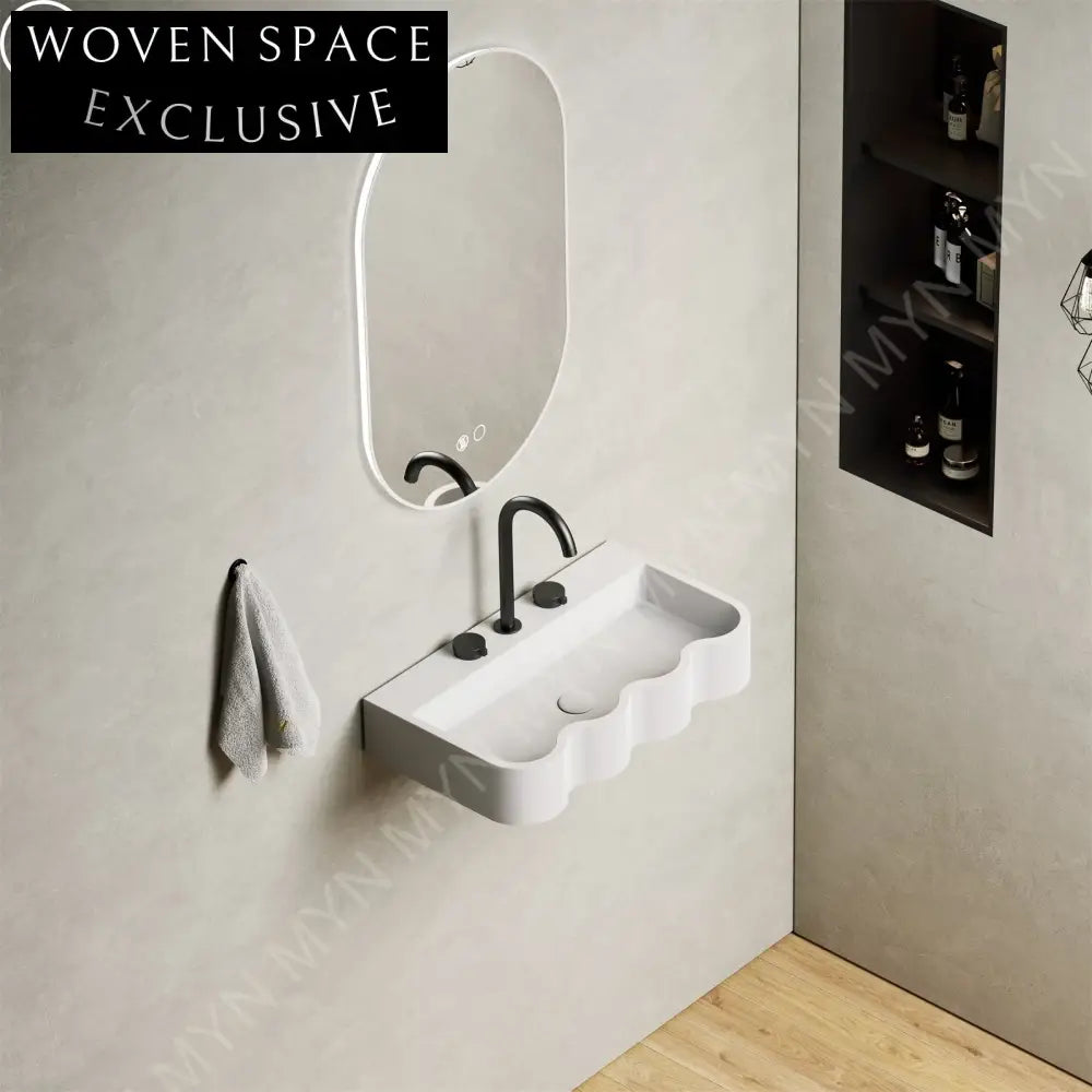 Elegant Wave Shape Wall Hung Solid Surface Bathroom Artificial Stone Wash Basin