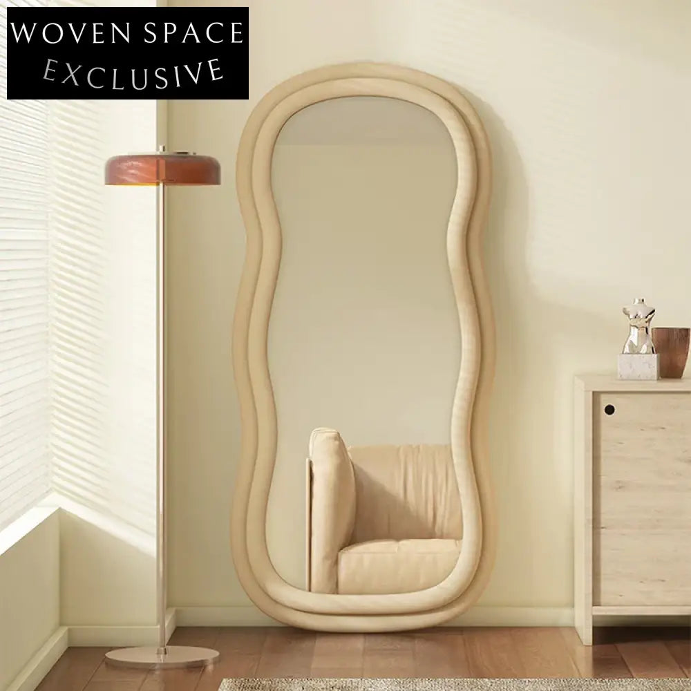 Elegant Wavy Full Length White Floor Standing Dressing Mirror for Bedroom Decor