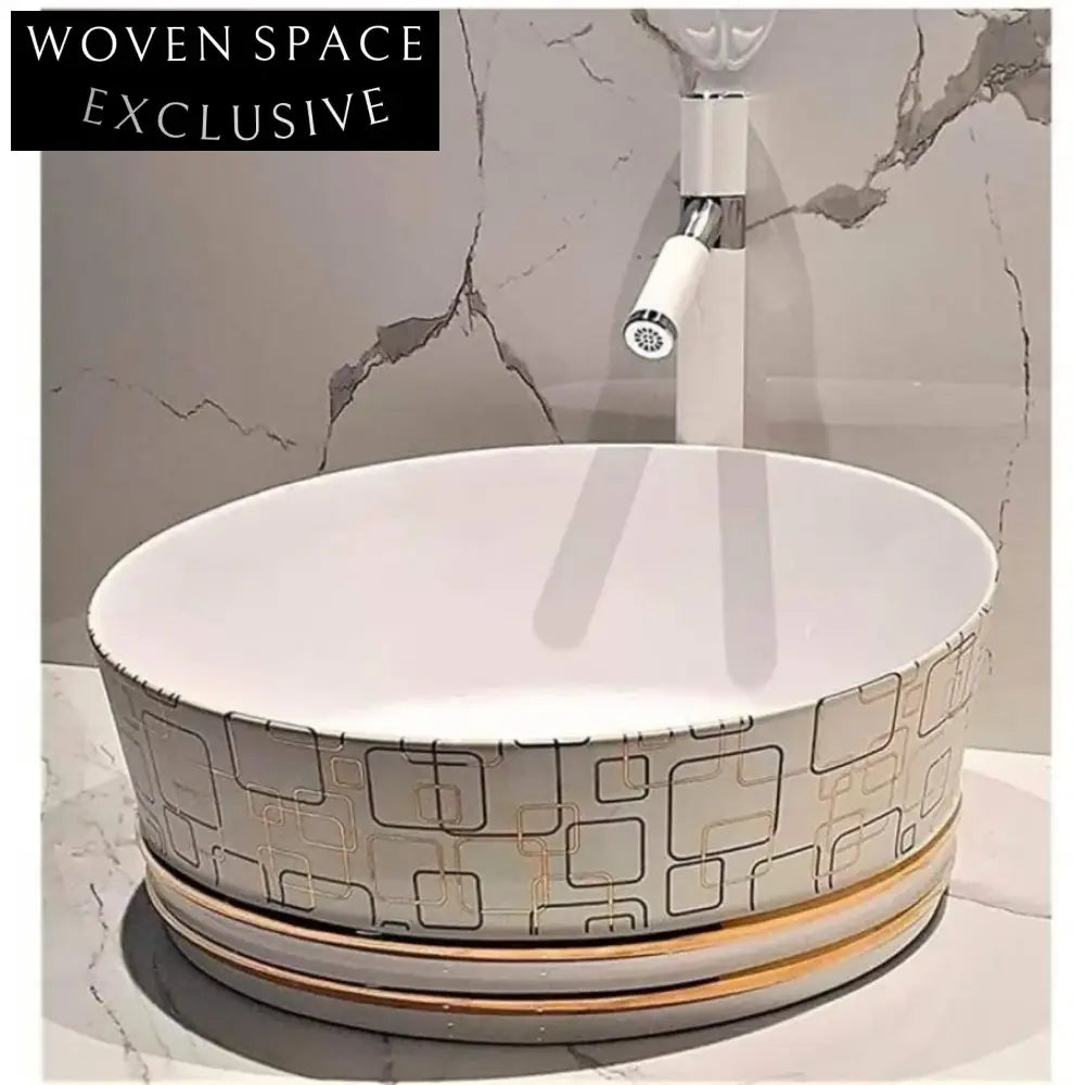 Elegant White Ceramic Gold Rim Round Countertop Bathroom Sink