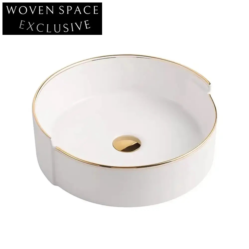Elegant White Ceramic Gold Rim Round Countertop Bathroom Sink