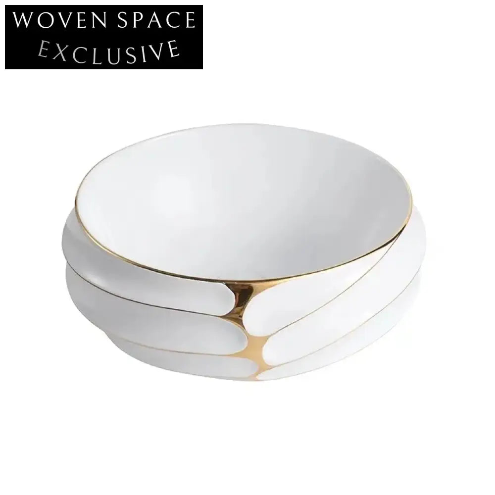 Elegant White Ceramic Gold Rim Round Countertop Bathroom Sink