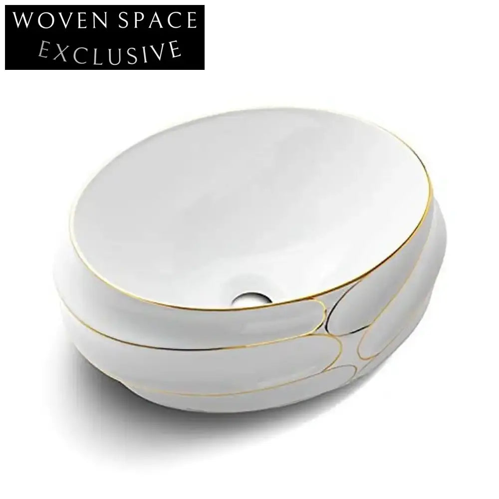 Elegant White Ceramic Gold Rim Round Countertop Bathroom Sink
