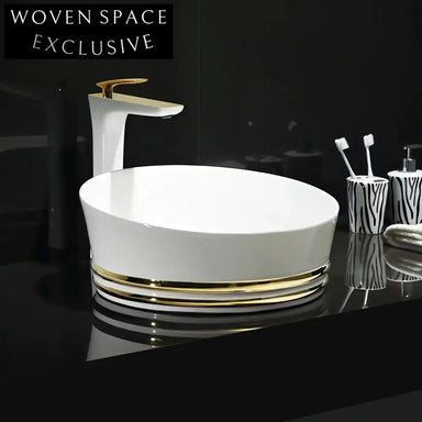 Elegant White Ceramic Gold Rim Round Countertop Bathroom Sink