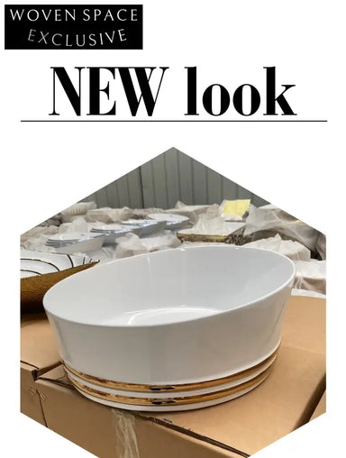 Elegant White Ceramic Gold Rim Round Countertop Bathroom Sink