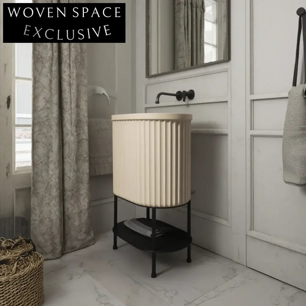 Elegant White Fluted Freestanding Artificial Stone Pedestal Modern Bathroom Wash Basin