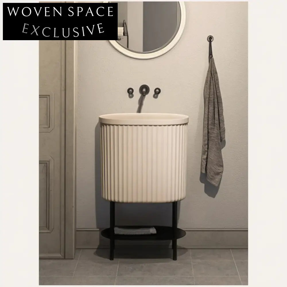 Elegant White Fluted Freestanding Artificial Stone Pedestal Modern Bathroom Wash Basin