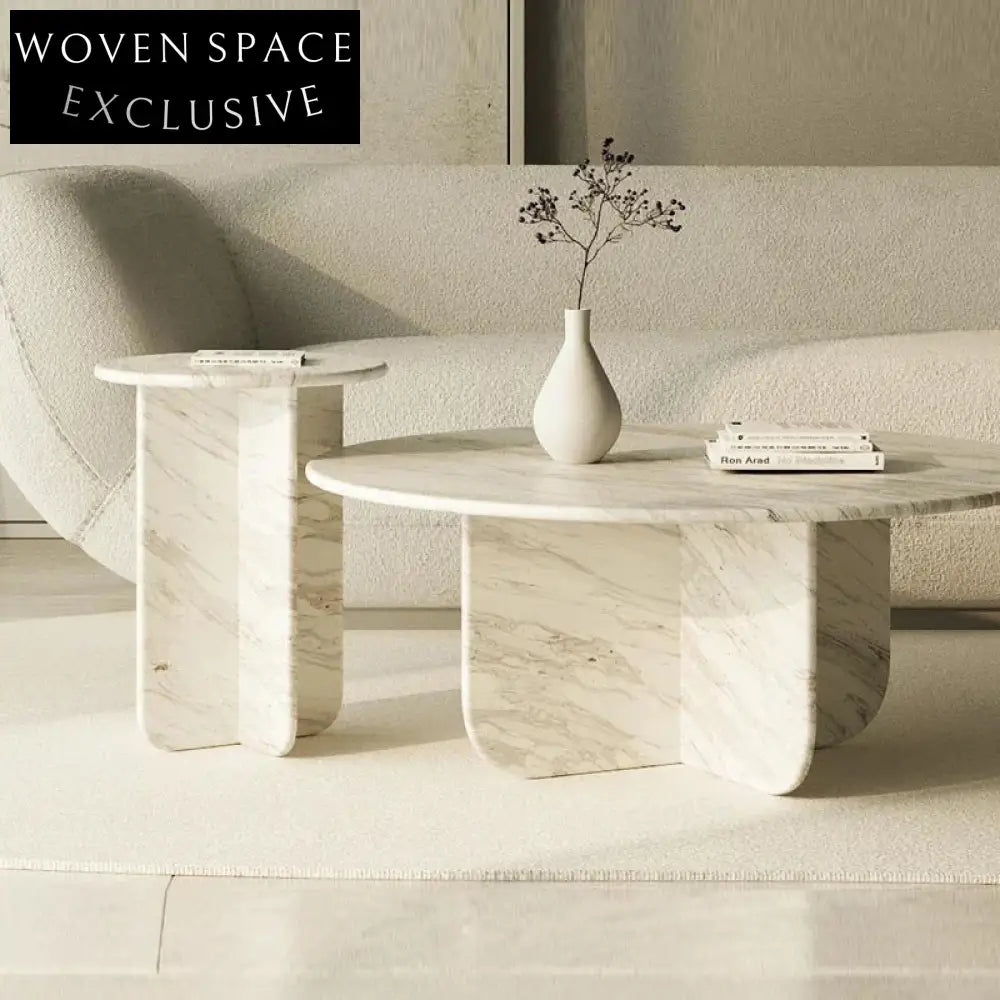 Elegant White Marble Modern Design Living Room Coffee Table & Side Table