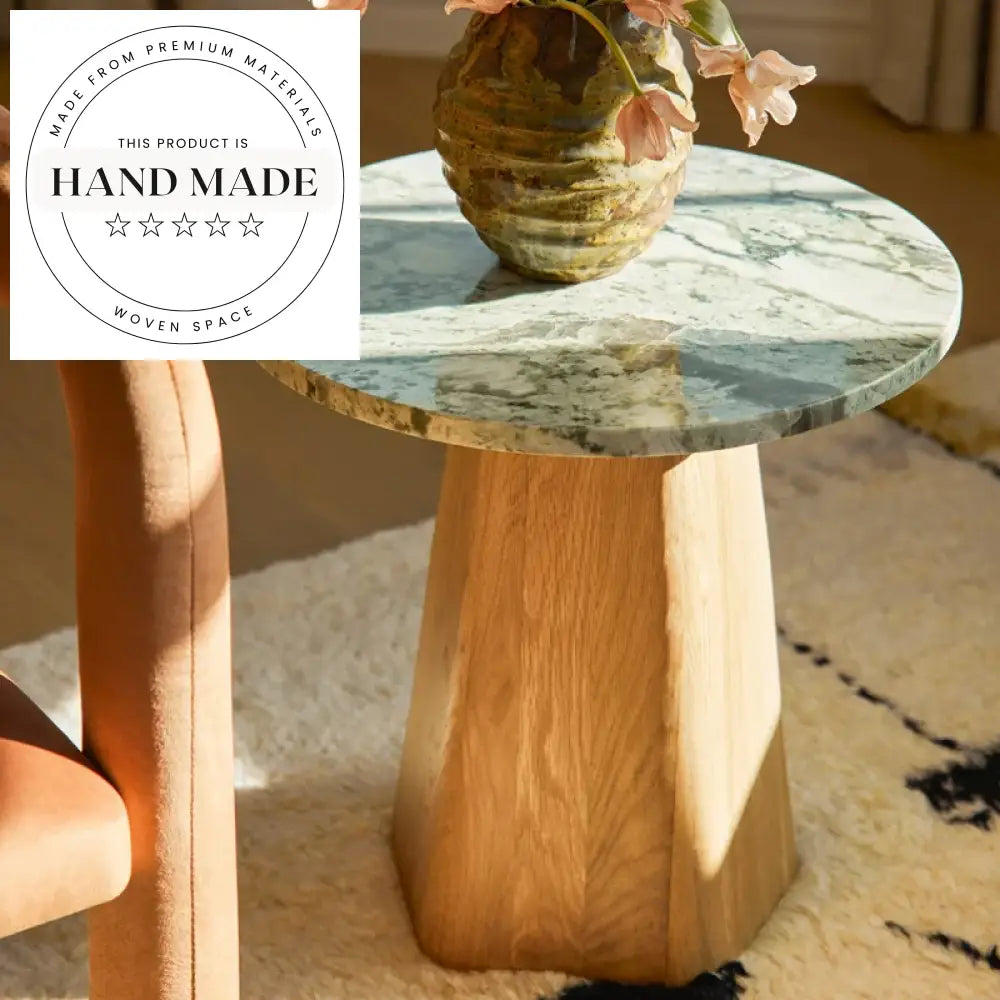 Elegant White Marble Top Round Solid Wood Accent Side Table