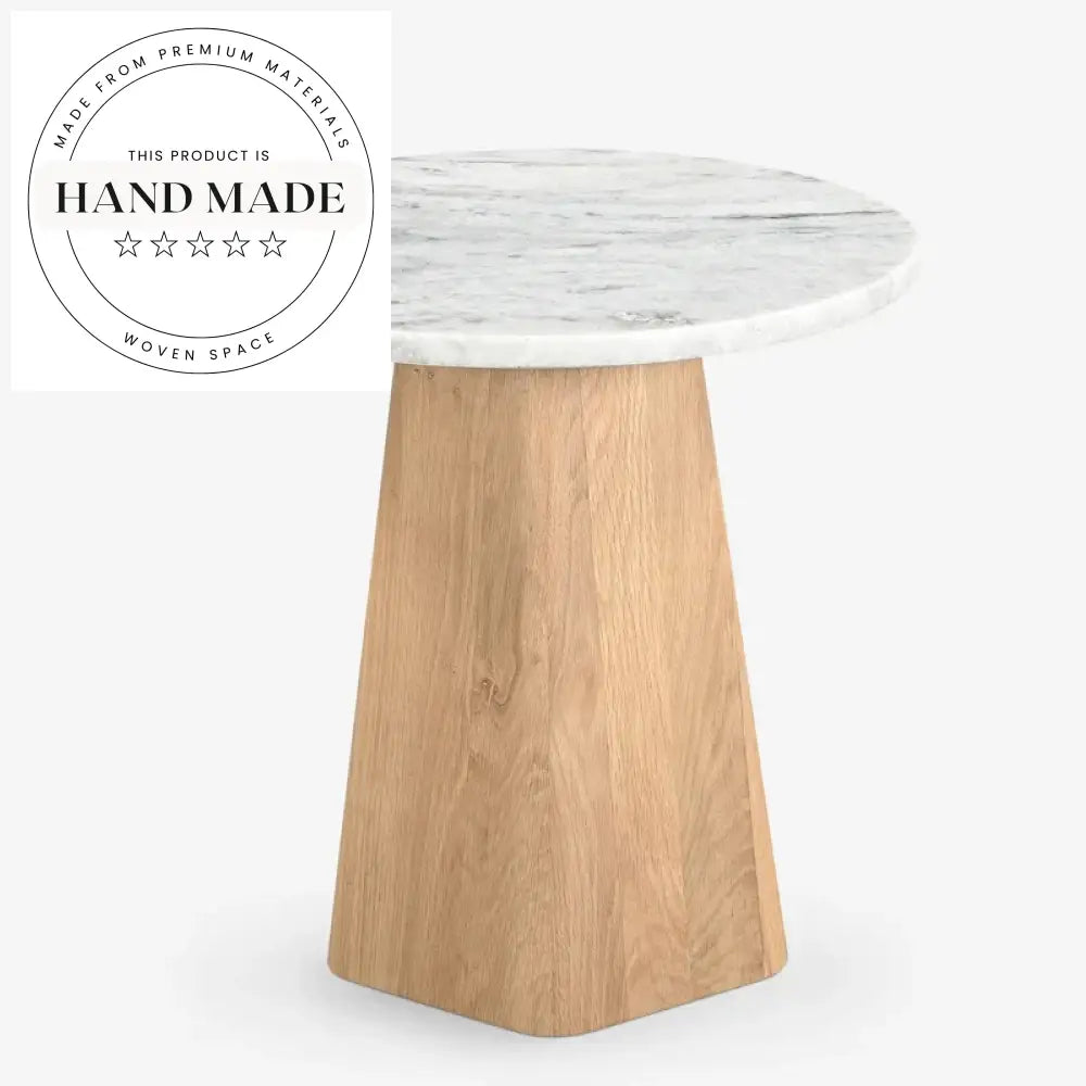 Elegant White Marble Top Round Solid Wood Accent Side Table