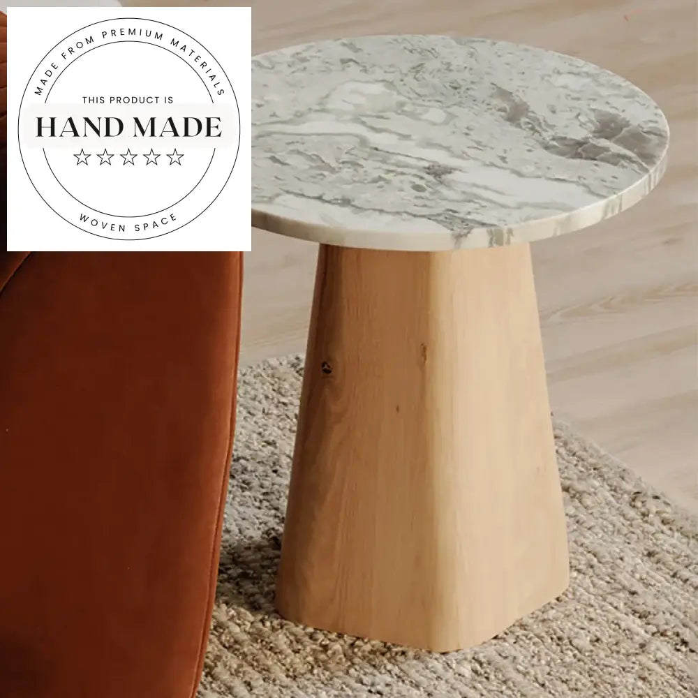 Elegant White Marble Top Round Solid Wood Accent Side Table