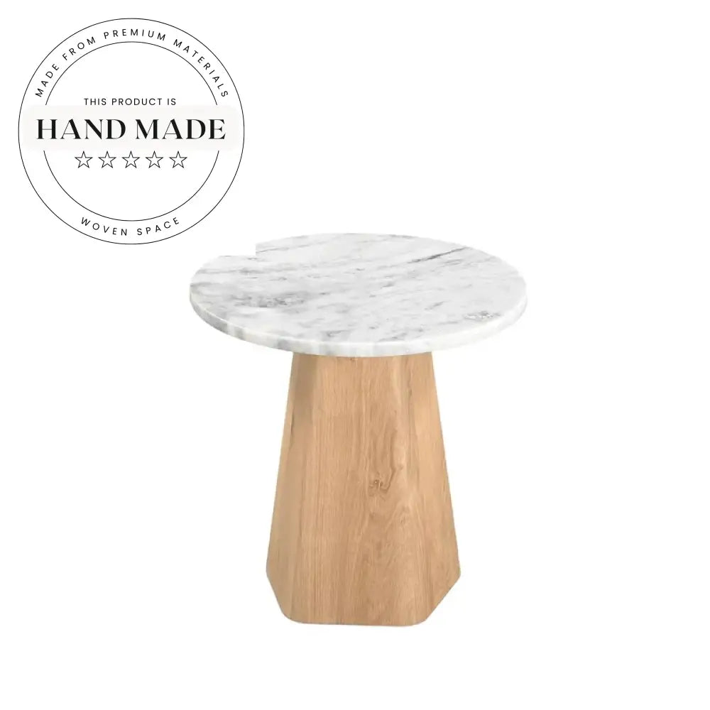 Elegant White Marble Top Round Solid Wood Accent Side Table