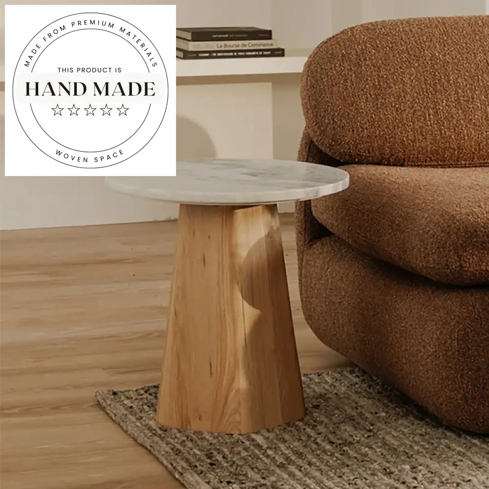 Elegant White Marble Top Round Solid Wood Accent Side Table