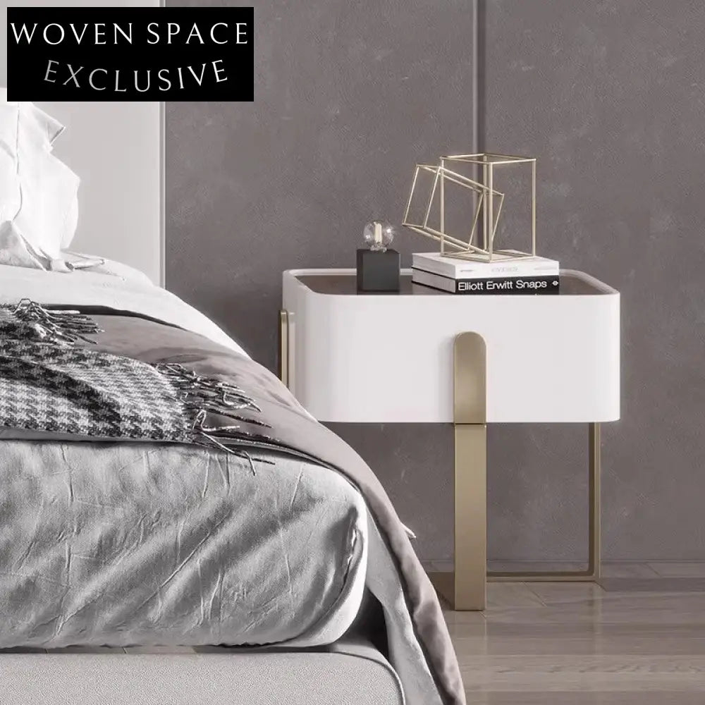 Elegant White Wood and Metal Nightstand with Drawer Storage
