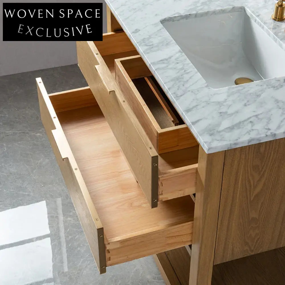 Elegant Wood Veneer 36 Inch Bathroom Vanity, Solid Wood Cabinet with Drawers