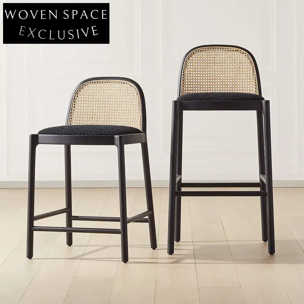 Modern Wooden Cane Rattan Bar Stool - Stylish Kitchen Counter Chair