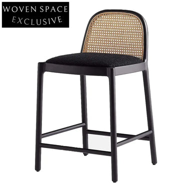 Modern Wooden Cane Rattan Bar Stool - Stylish Kitchen Counter Chair