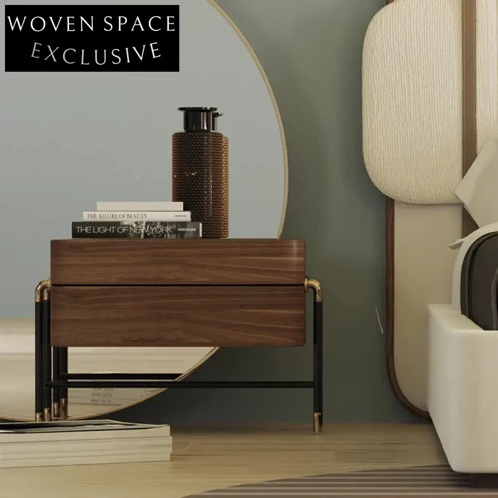 Elegant Wooden Nightstand, Two Drawers, Metal Legs, Modern Bedroom Furniture