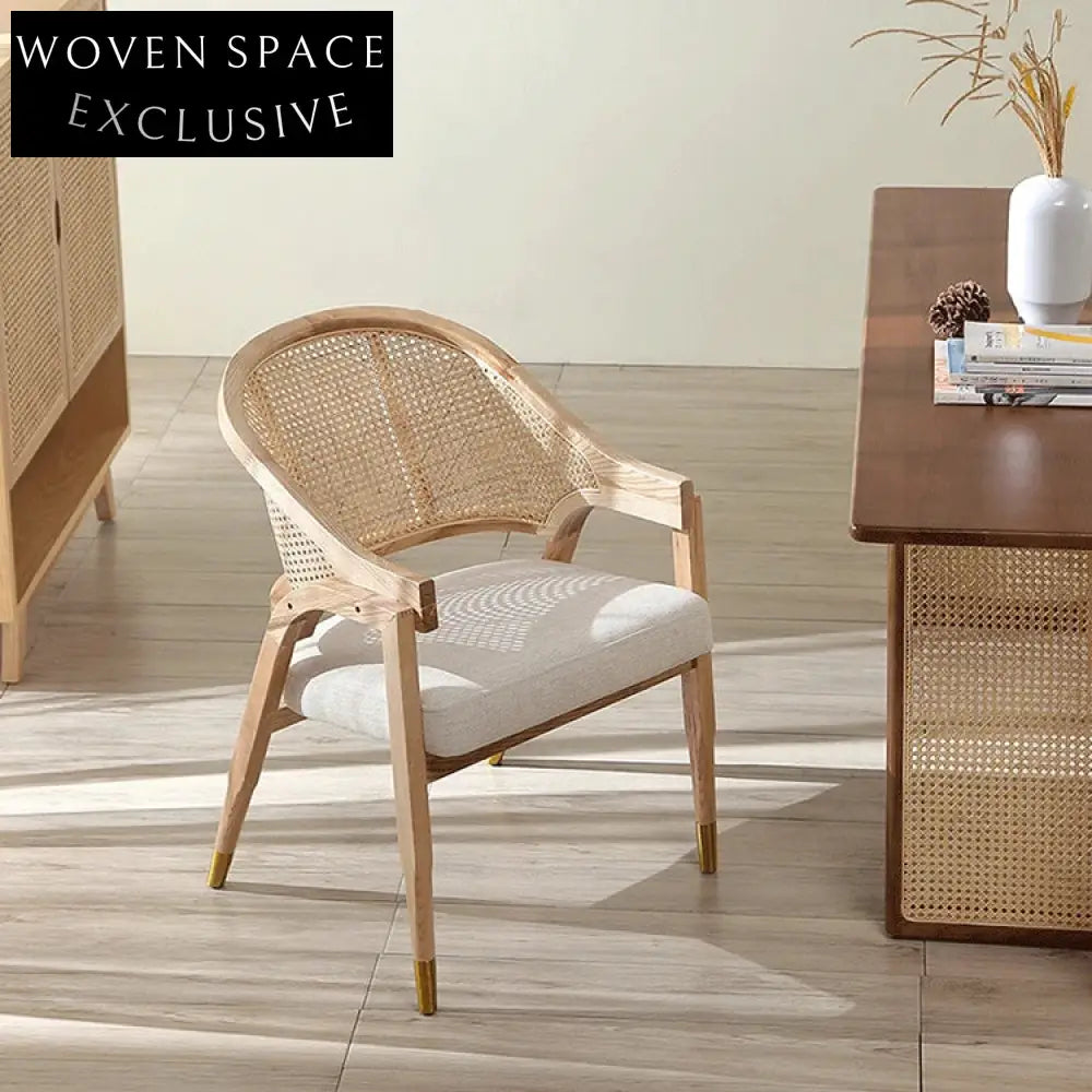 Elegant Woven Rattan Back Solid Wood Frame Upholstered Dining Armchair