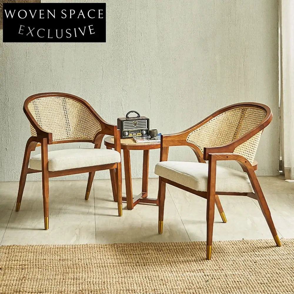 Elegant Woven Rattan Back Solid Wood Frame Upholstered Dining Armchair