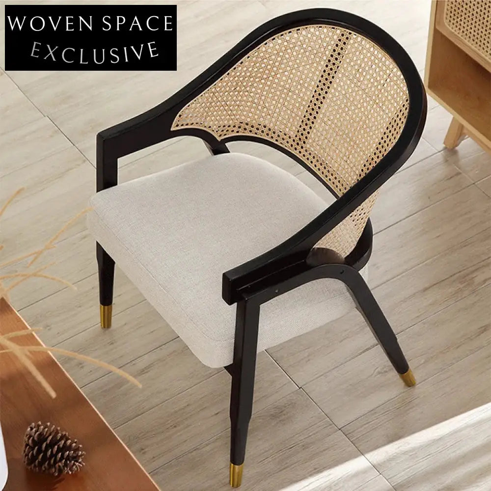 Elegant Woven Rattan Back Solid Wood Frame Upholstered Dining Armchair