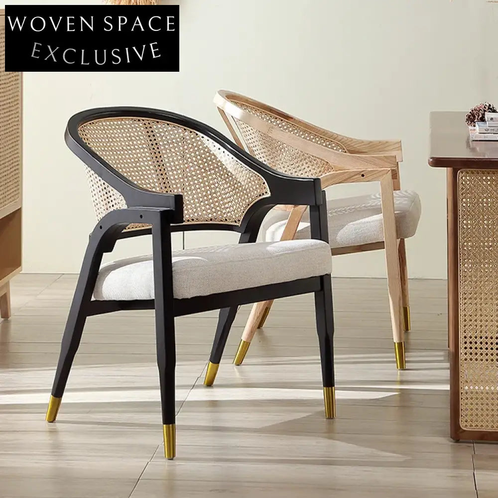 Elegant Woven Rattan Back Solid Wood Frame Upholstered Dining Armchair