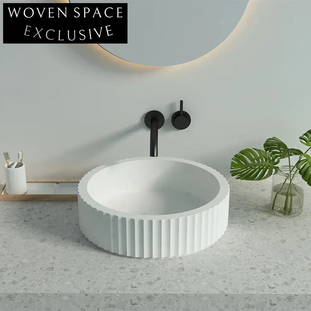 Fluted Concrete Countertop Basin - Modern Round Vessel Bathroom Sink