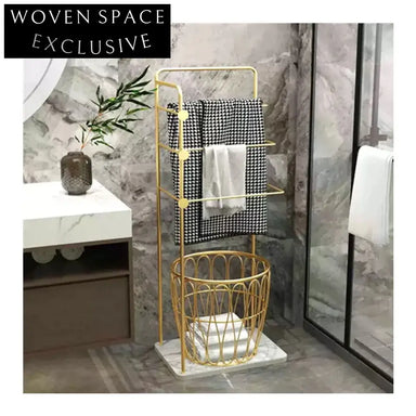 Freestanding Bathroom Towel Rack with Laundry Basket, Hotel Style Towel Holder