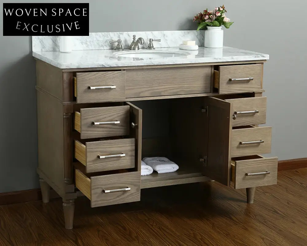 French Antique Style Solid Wood Bathroom Vanity Cabinet with Marble Top