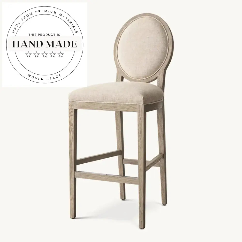 French Contemporary Round Fabric Wooden Counter Stool for Kitchen & Bar