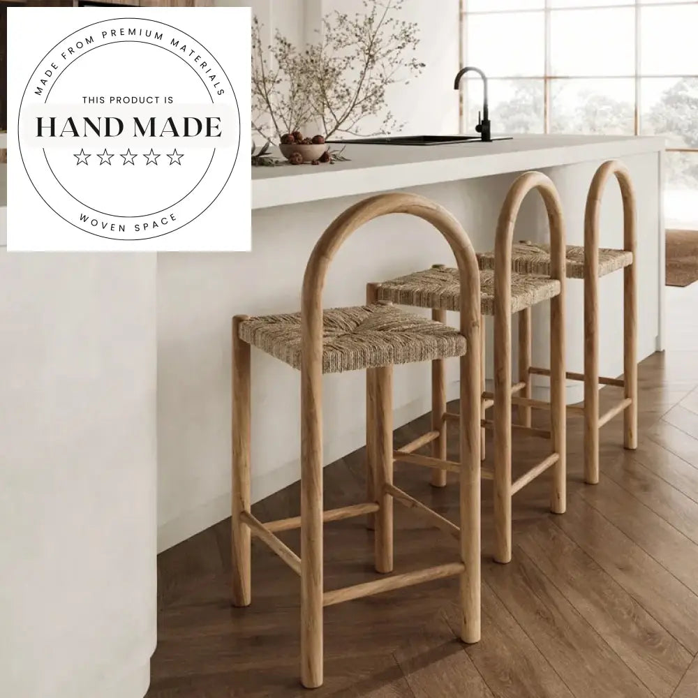 French Medieval Solid Wood Woven Grass Vine Kitchen Counter Bar Stool