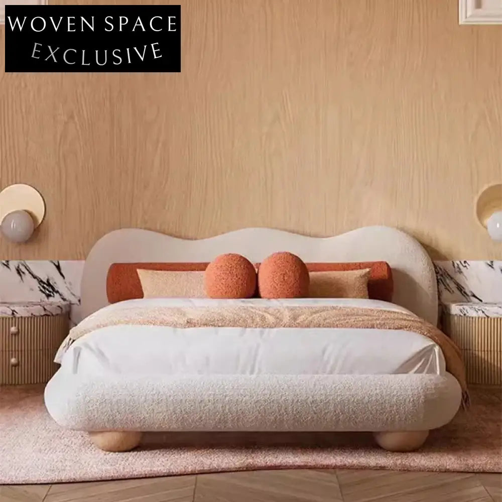 French Minimalist Cream Flannel King Bed with Wavy Cloud Shape Headboard