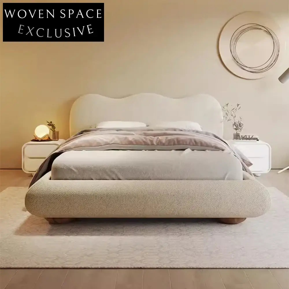 French Minimalist Cream Flannel King Bed with Wavy Cloud Shape Headboard