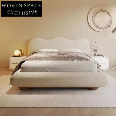 French Minimalist Cream Flannel King Bed with Wavy Cloud Shape Headboard
