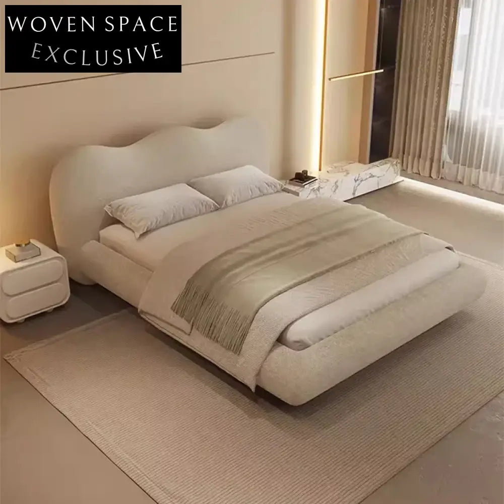 French Minimalist Cream Flannel King Bed with Wavy Cloud Shape Headboard