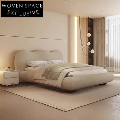 French Minimalist Cream Flannel King Bed with Wavy Cloud Shape Headboard