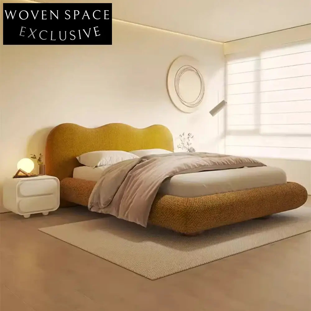 French Minimalist Cream Flannel King Bed with Wavy Cloud Shape Headboard