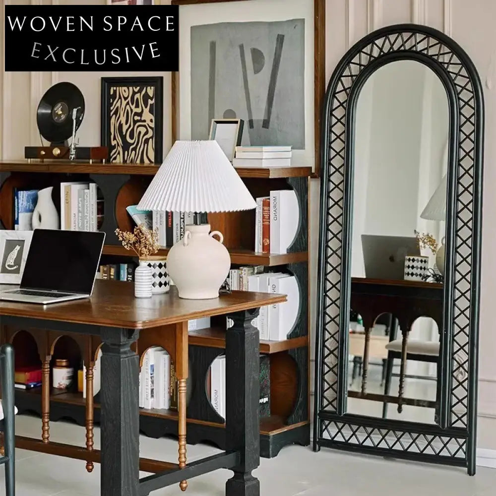 French Retro Black Rattan Full Length Floor Mirror for Bedroom Living Room