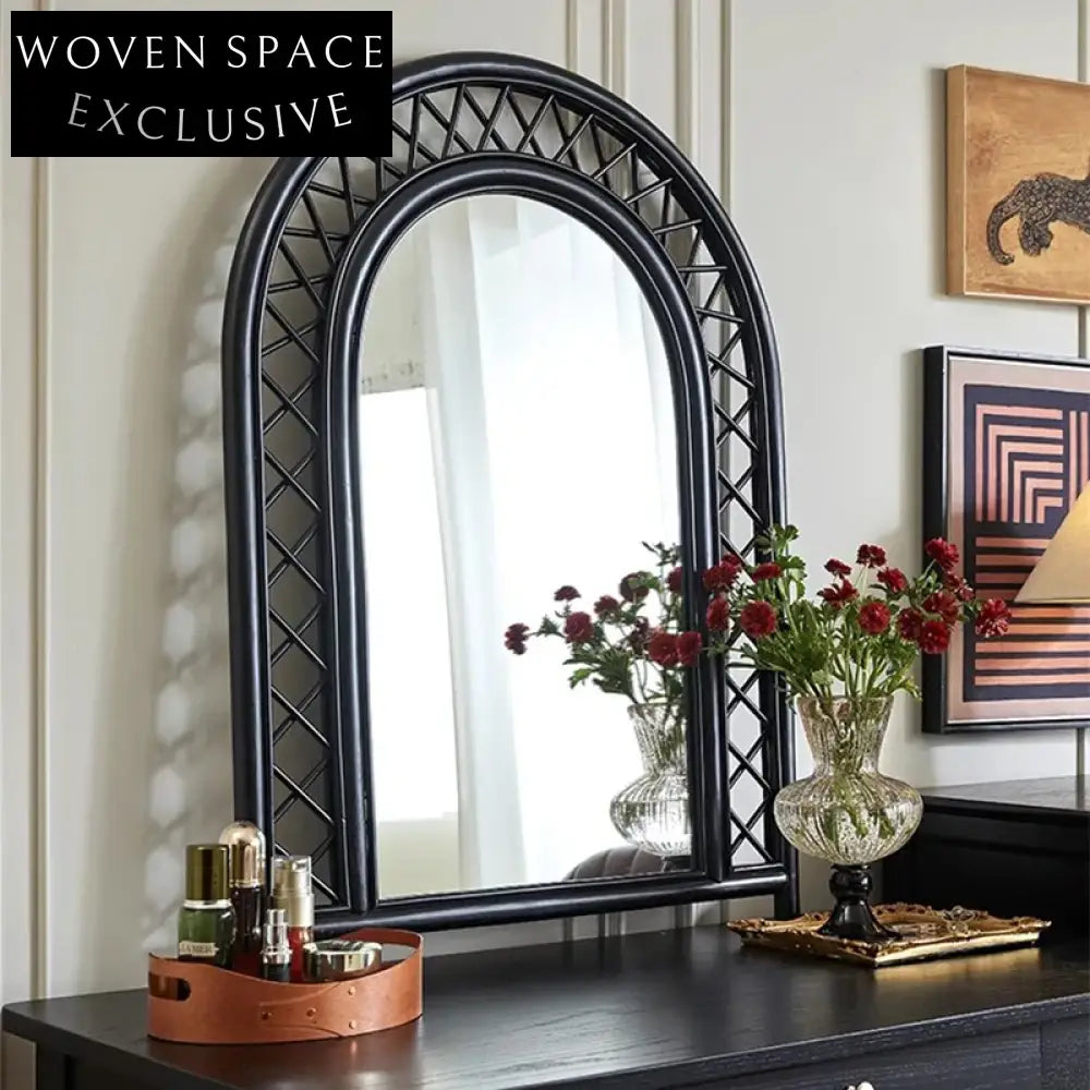 French Retro Black Rattan Full Length Floor Mirror for Bedroom Living Room