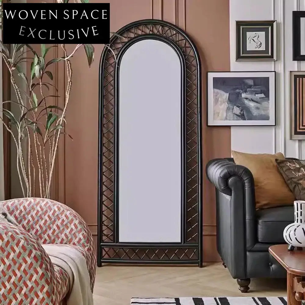 French Retro Black Rattan Full Length Floor Mirror for Bedroom Living Room