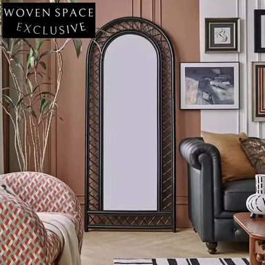 French Retro Black Rattan Full Length Floor Mirror for Bedroom Living Room