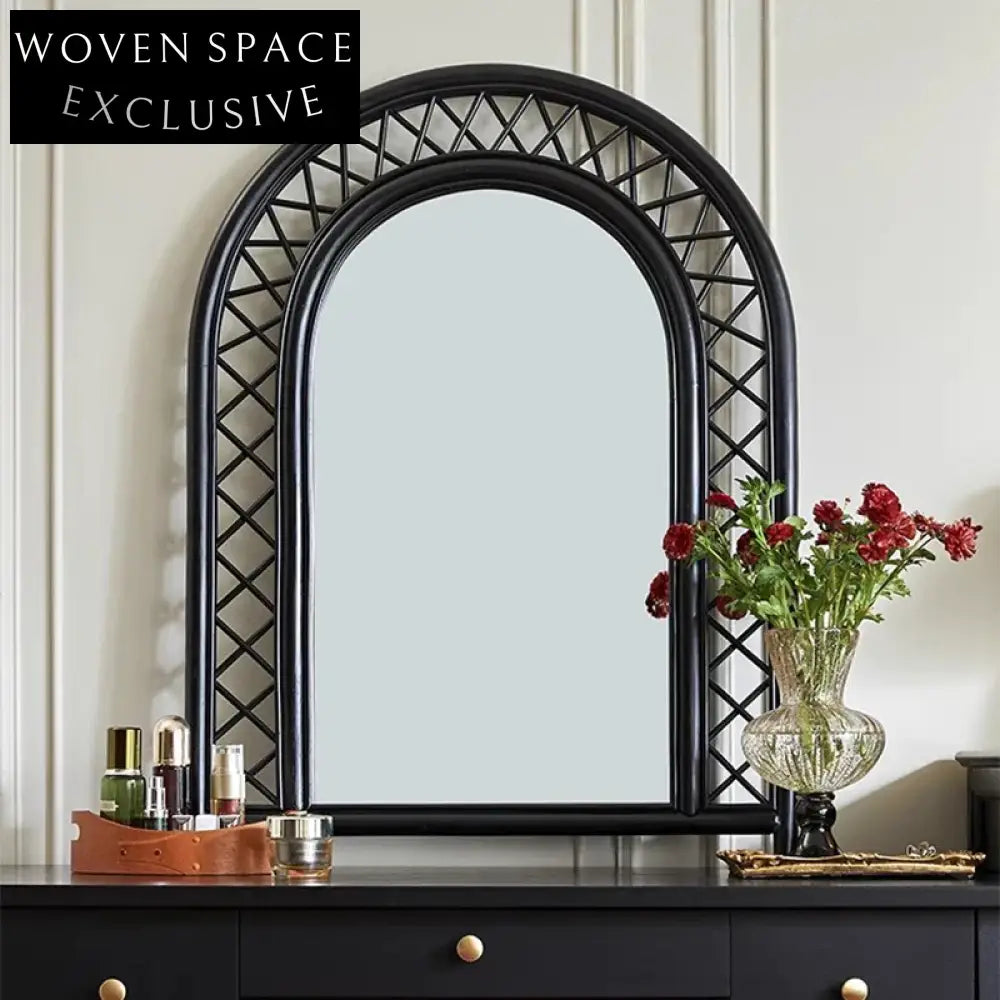 French Retro Black Rattan Full Length Floor Mirror for Bedroom Living Room