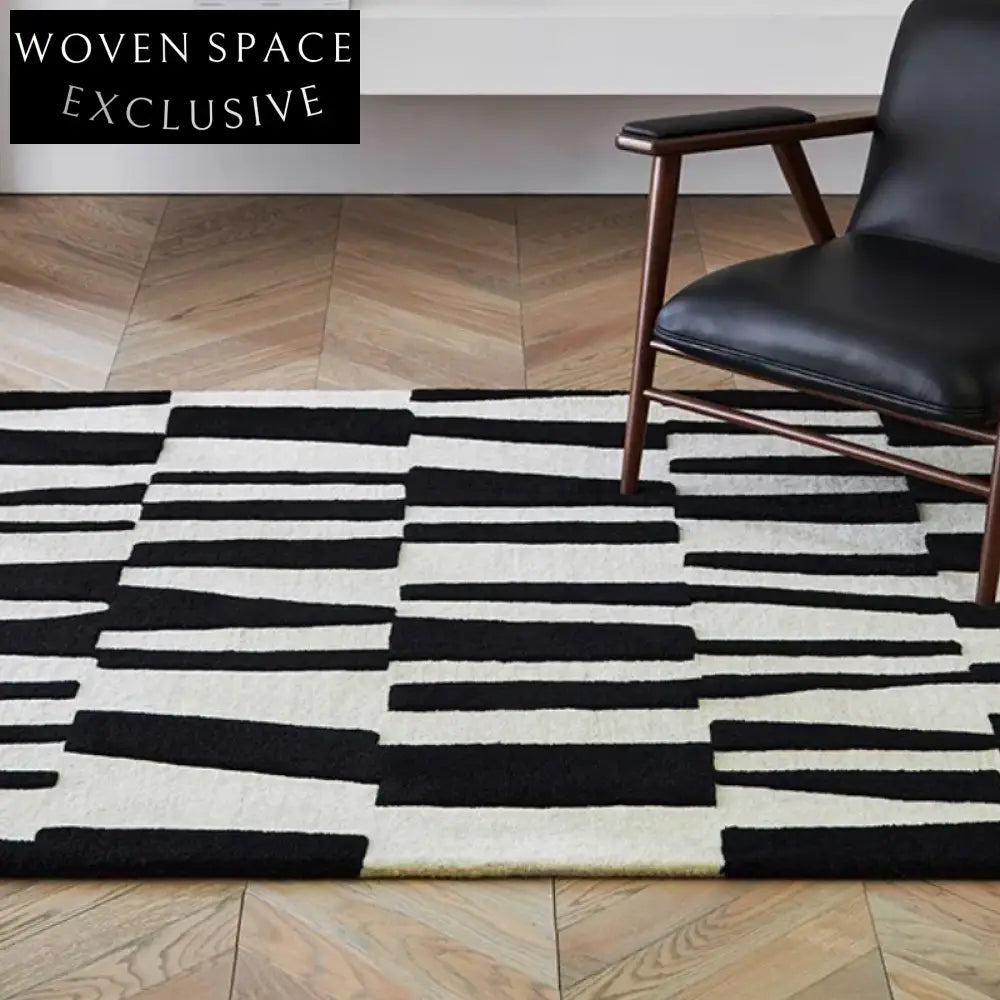 French Retro Modern Black White Geometric Plaid Shaggy Area Rug