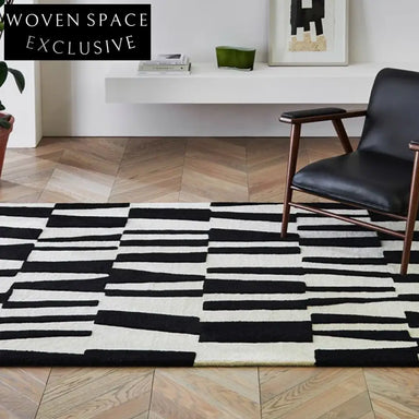 French Retro Modern Black White Geometric Plaid Shaggy Area Rug