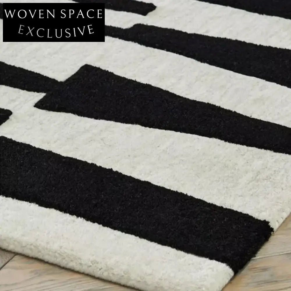 French Retro Modern Black White Geometric Plaid Shaggy Area Rug