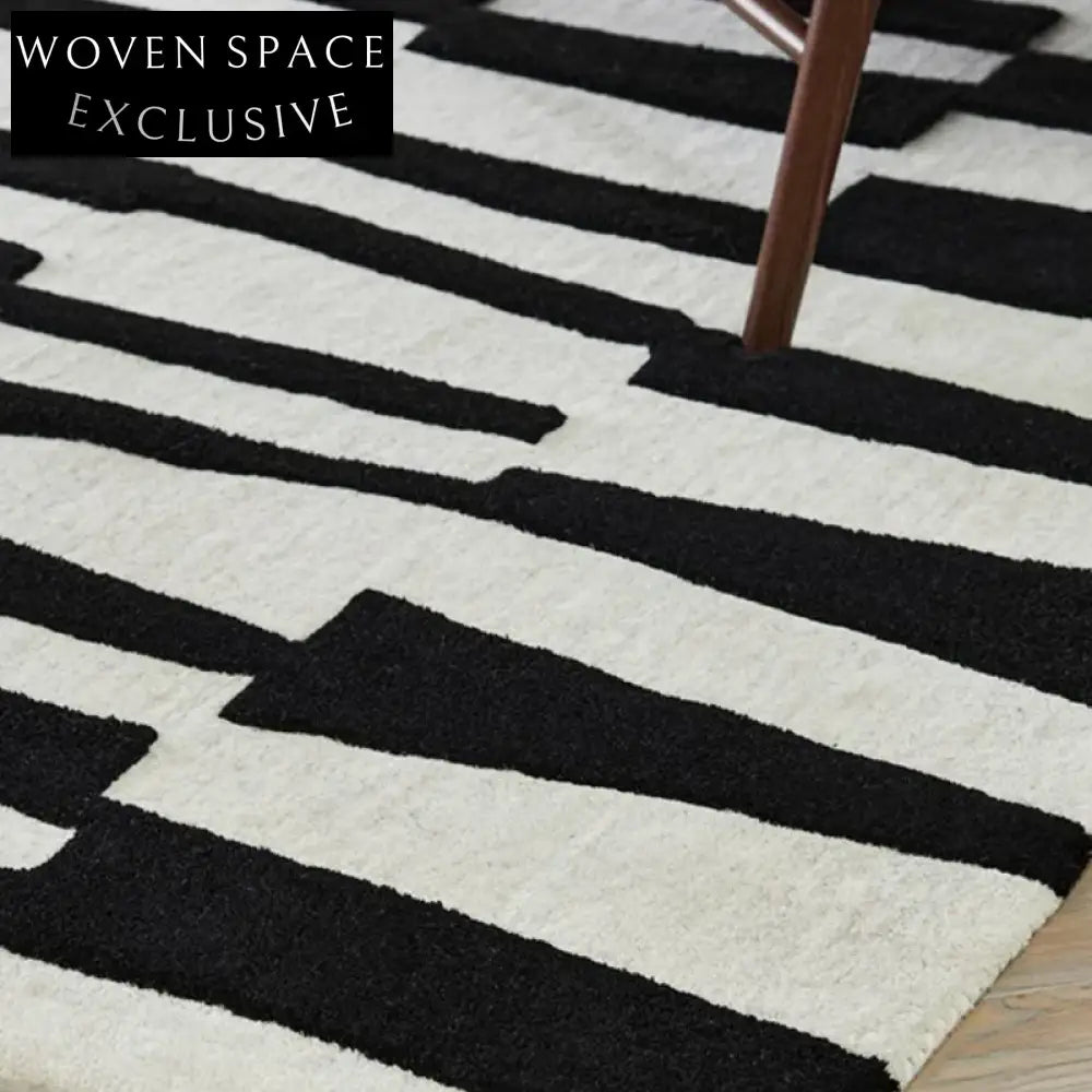 French Retro Modern Black White Geometric Plaid Shaggy Area Rug