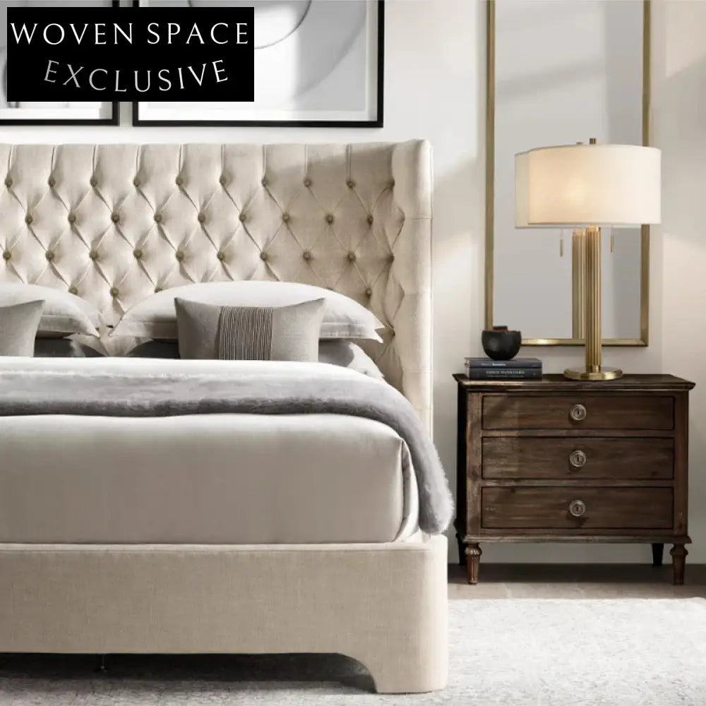 French Retro Oak Wood 3-Drawer Bedside Nightstand for Bedroom